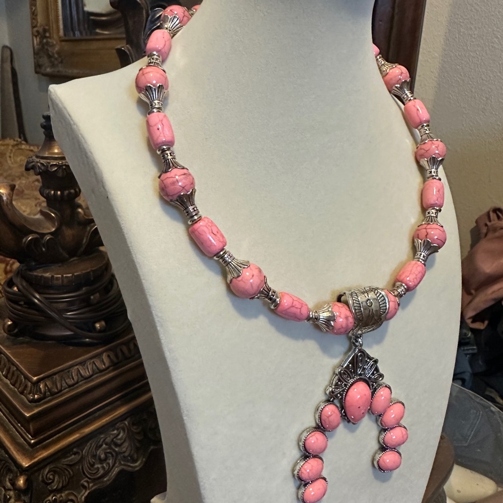 Pink Beaded Squash Blossom Necklace and Earring Set - Picture 3 of 4